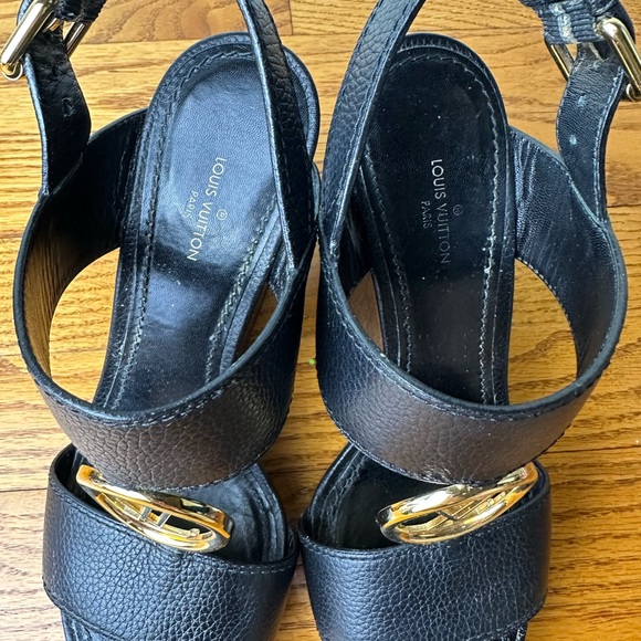 Louis Vuitton Rare Black Wedges with Gold Logo 37 Excellent Condition - Picture 4 of 8